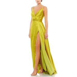 Mac Duggal 12443 V-Neck High Slit Satin Gown Chartruese size 8